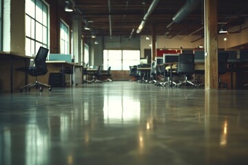 Empty modern office space with polished concrete floor.  Rows of desks and chairs are visible in the open plan interior