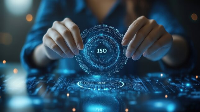 Female hands holding digital iso hologram in futuristic blue technology interface