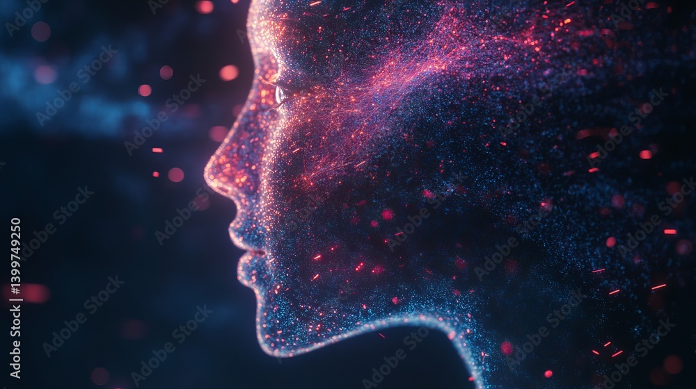 Poster abstract digital face profile with glowing particles and dark background in close up view