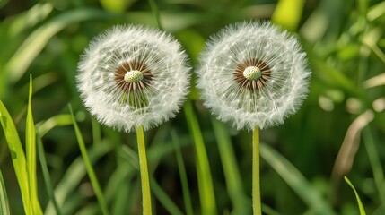 Fototapeta premium Close-up of two dandelion seed heads in green field