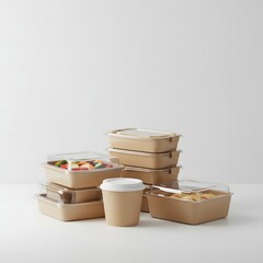 Stacked lunch boxes with drink cup in kraft packaging setup