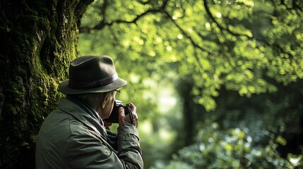 Naklejka premium An elderly man with a fedora takes photographs of lush green forest foliage while leaning against a mossy tree.