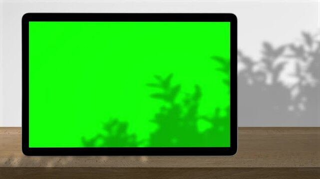 Tablet with green screen outdoors, trees swaying on the background.