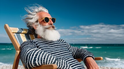 A stylish senior man with a long white beard relaxes in a beach chair enjoying the sun and ocean view on a beautiful day.
