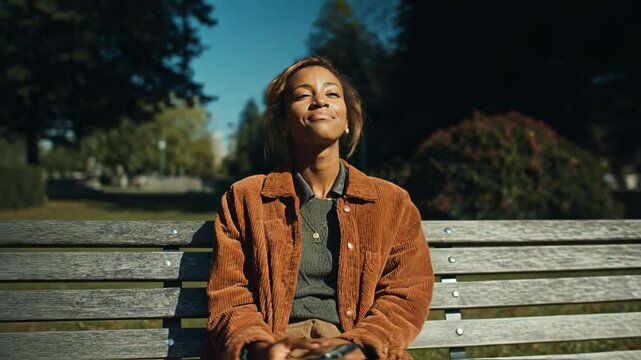 Peaceful young woman with closed eyes enjoys sunshine while sitting on park bench smiling, embodying tranquility, mindfulness and appreciation for simple outdoor moments and well being