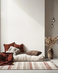 Minimalistic tartan-themed interior design showcasing cushions and blankets for a cozy atmosphere during National Tartan Day