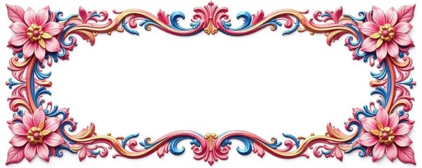Intricate pink, blue, gold frame; isolated white background , background texture, pink