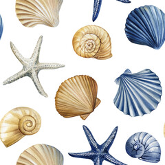 Watercolor seamless pattern with seashells starfish and marine elements in beige, blue tones. Summer beach ocean decor