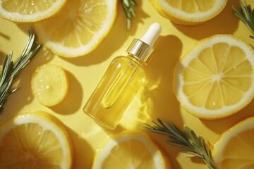 Lemon slices and serum bottle on yellow
