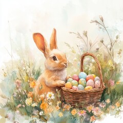 Easter bunny, basket of eggs, meadow, spring