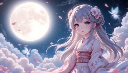 Anime Girl in Kimono Under a Full Moon Night: Dreamy Fantasy Art