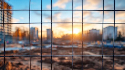 Urban construction site at sunset with grid fence and skyscrapers in background