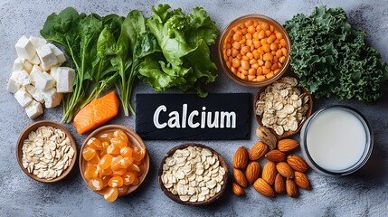 Artistic composition highlighting a diverse array of calcium-rich food ingredients with an inscribed emphasis on nutritional benefits and modern style