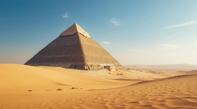 Ancient pyramid in a vast desert landscape under a clear sky