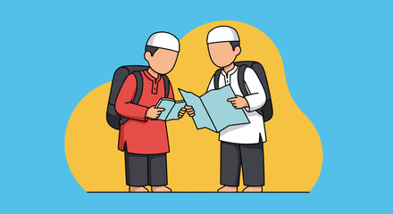 Two Young Men In Traditional Islamic Attire Studying A Book Against A Blue And Yellow Backdrop