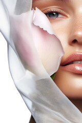 Close-up beauty shot of Caucasian model's face half-covered with white veil and pink rose