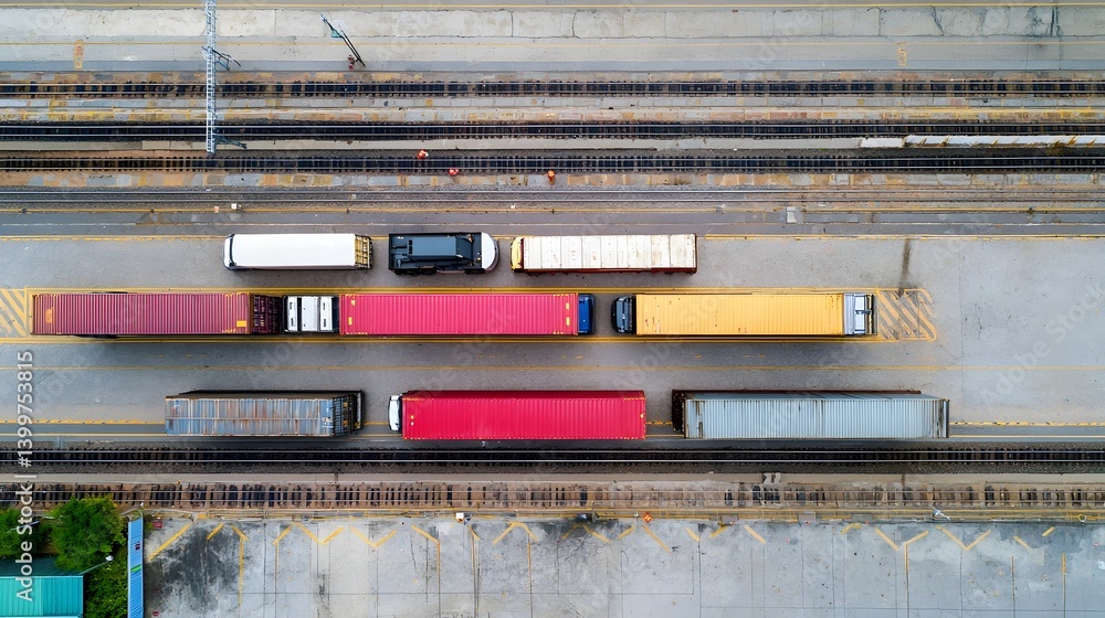Poster aerial view of an interconnected intermodal transport system seamlessly integrating ships trains and