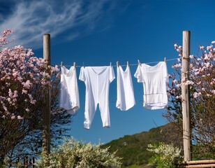 W&auml;sche flattert im Sommerwind auf Leine