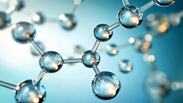 Transparent glass molecules connected on a light blue background, illustrating molecular science and biotechnology, Healthcare background, medical background, Public health, health effects
