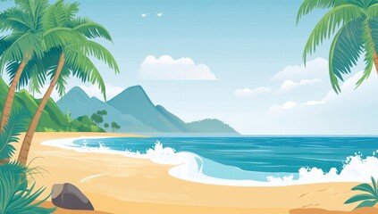 Fototapeta premium Tropical beach scene with palm trees, mountains, and ocean waves