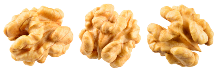 Walnut isolated png. Walnut kernel on transparent background. Perfect retouched peeled broken walnut nut no background. Walnut half top view collection. Full depth of field.
