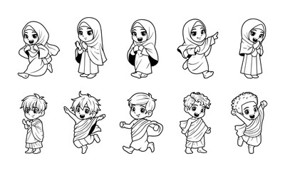 Kids character wearing ihram vector outline illustration set