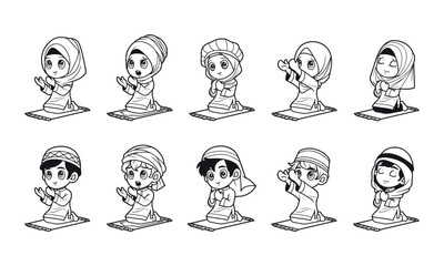 Kids muslim characters prayer vector outline illustration set