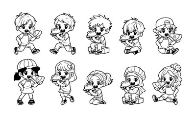 Kids eating pizza and burger vector illustration set