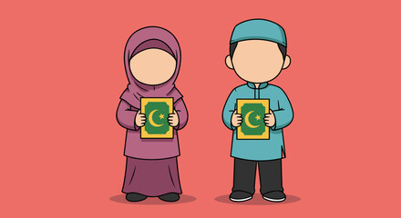 Obraz premium Vector Illustration of Muslim Boy and Girl Holding Quran Books in Pixel Art Style with Red Background