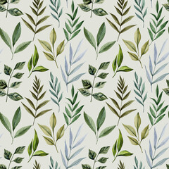 watercolor seamless pattern various green leaves hand painted botanical tropical foliage background fabric and design