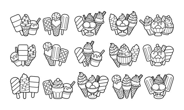 Ice cream combo vector outline illustration set