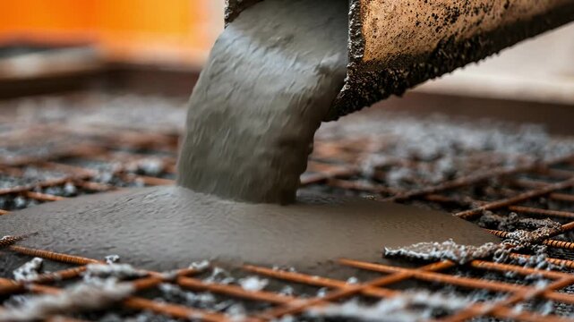 Concrete Mixture Flow Pouring Fresh Concrete into Steel Reinforcement for Building Construction Process