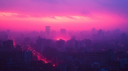 Obraz premium Vibrant purple and pink cityscape at sunset with illuminated skyline and hazy atmosphere