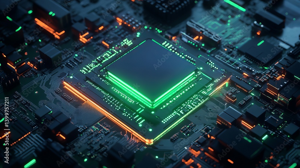 Aufkleber close up view of a computer chip with green and orange lights highlighting the intricate design