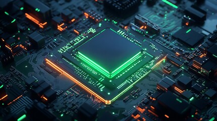 Fototapeta premium Close up view of a computer chip with green and orange lights highlighting the intricate design
