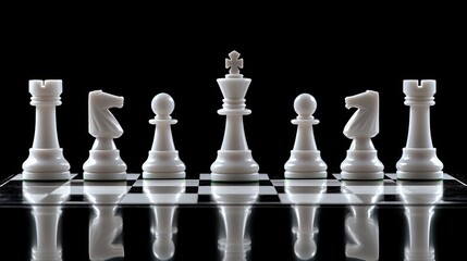 White chess pieces aligned on board with reflective surface and black background