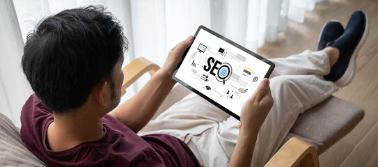 SEO search engine optimization for modish e-commerce and online retail business showing on computer...