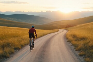 Obraz premium Cyclist on rural path during sunrise mountain landscape