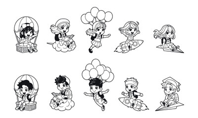 Kids character with flying concept vector outline illustration set