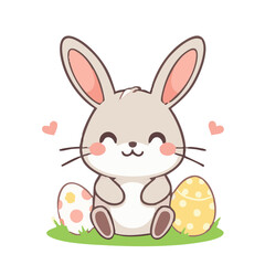 A cute easter rabbit surround by easter eggs