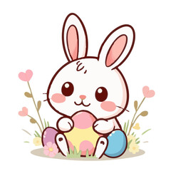 A cute easter rabbit surround by easter eggs