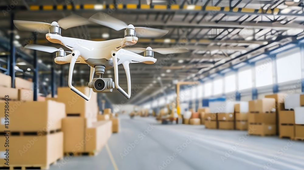 Poster aerial view of a sprawling shipping yard with drone assisted inventory management systems showcasing