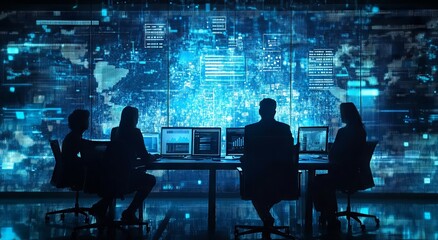 Group of silhouetted decision-makers reviewing financial statistics on large-scale digital dashboards in a dark, modern meeting environment