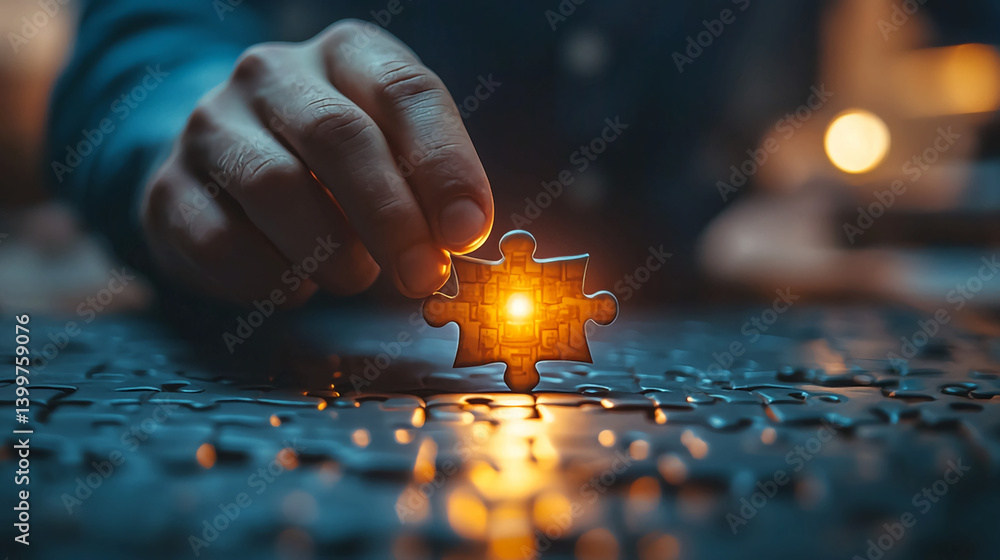Poster puzzle solving strategy business success teamwork solution concept jigsaw piece connection challenge