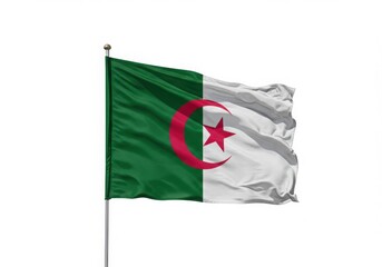 Algeria national flag waving on pole with green and white background and red crescent

