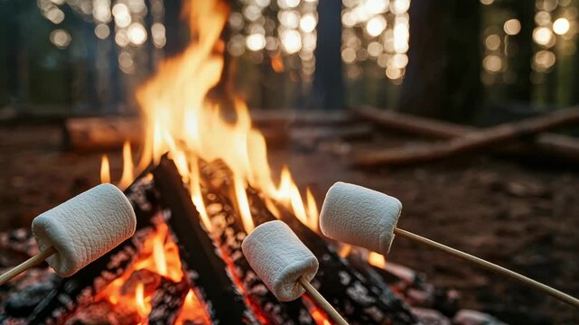 Evening warmth from roasting marshmallows over campfire creates cozy atmosphere for outdoor gatherings in nature.