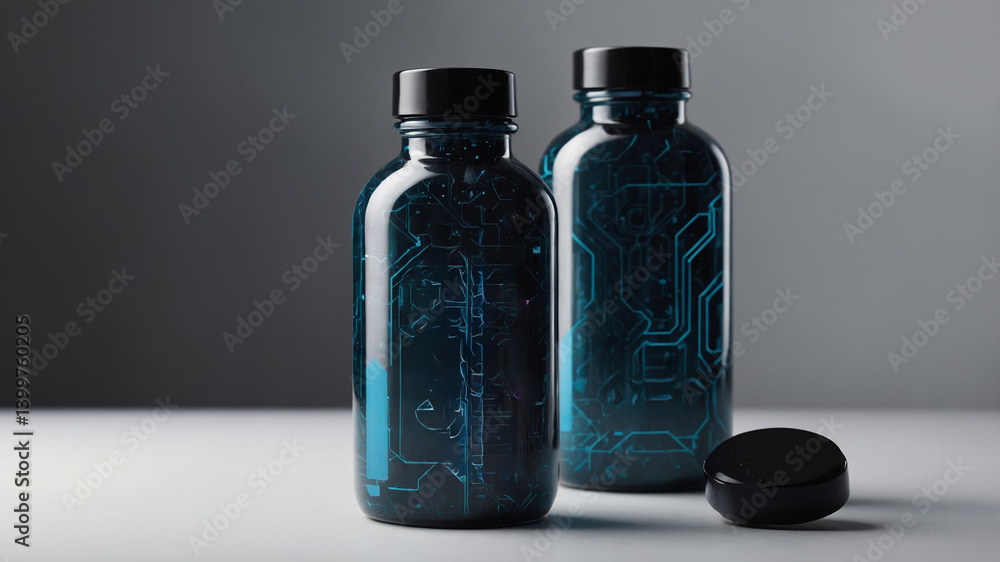 Poster unique black bottles with a translucent electronic circuit design on display against a minimalist ba