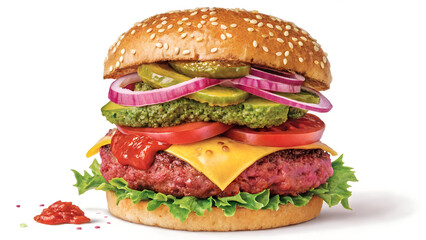 Delicious Hamburger Displayed on White Background with Bright Colors