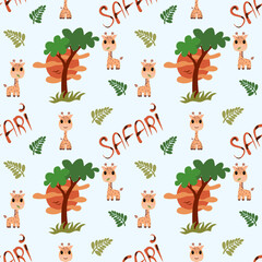 Cute giraffe and acacia tree pattern with "Safari" lettering and leaf elements on a light blue background. Playful African wildlife theme. Vector repeat.