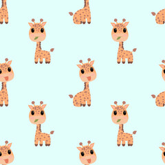 Cute cartoon giraffe pattern on a light blue background. Playful and whimsical design for kids' products or textile prints. Vector illustration.